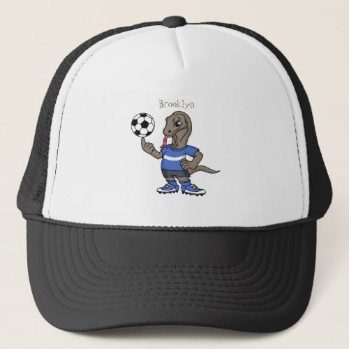 Cute funny Komodo dragon playing soccer cartoon Trucker Hat