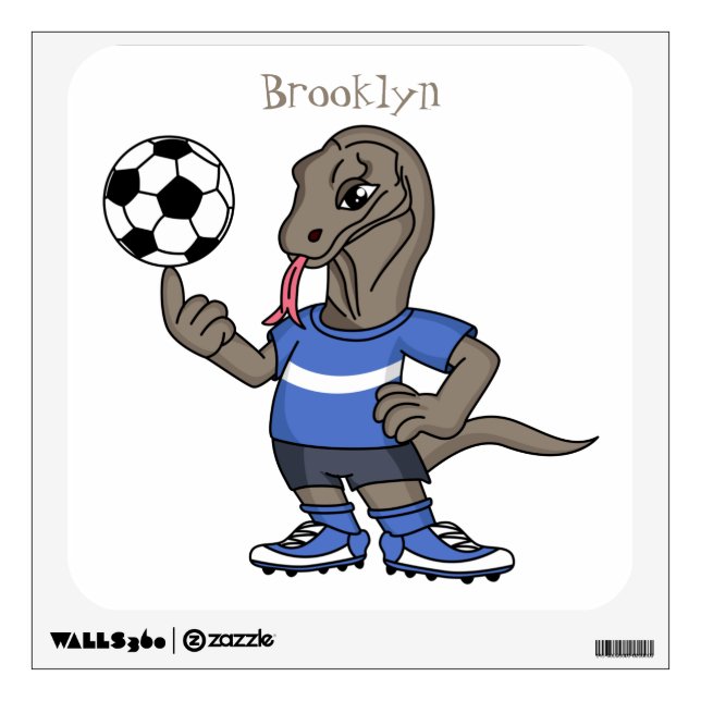 Cute funny Komodo dragon playing soccer cartoon Wall Decal (Front)