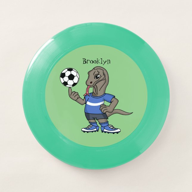 Cute funny Komodo dragon playing soccer cartoon Wham-O Frisbee (Front)