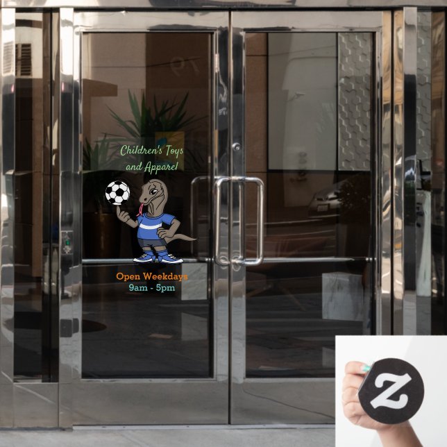 Cute funny Komodo dragon playing soccer cartoon Window Cling (Office Door)