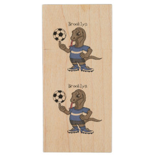 Cute funny Komodo dragon playing soccer cartoon Wood Flash Drive