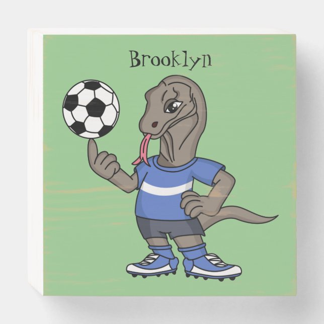 Cute funny Komodo dragon playing soccer cartoon Wooden Box Sign (Front Horizontal)