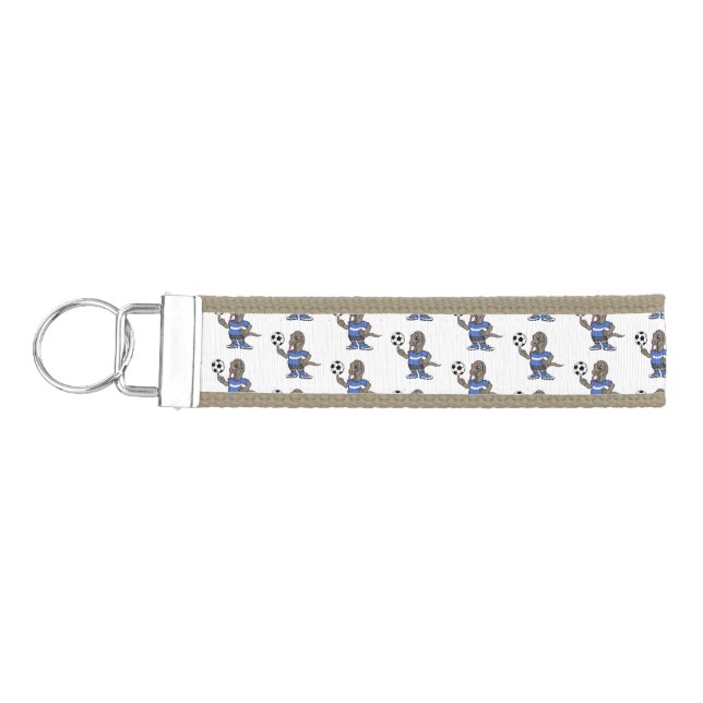 Cute funny Komodo dragon playing soccer cartoon Wrist Keychain (Keys on Left)