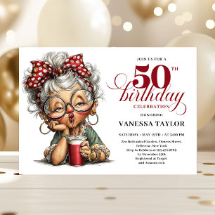 Cute Funny Lady 50th Birthday Cartoon Humor Invite