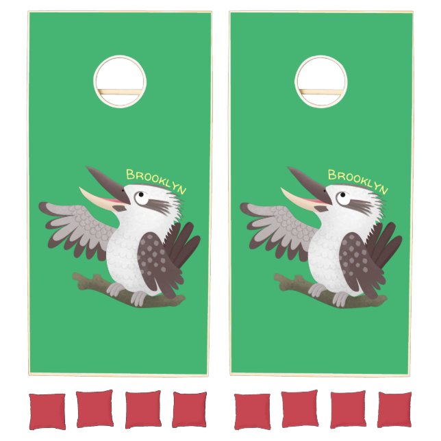 Cute funny laughing kookaburra cartoon cornhole set (Set)