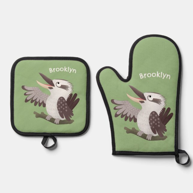 Cute funny laughing kookaburra cartoon oven mitt & pot holder set (Front)