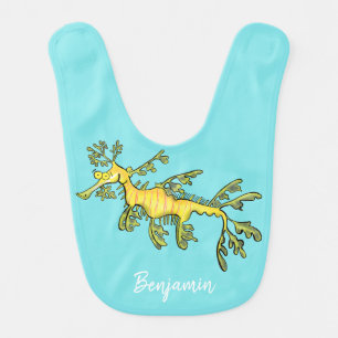 Cute funny leafy sea dragon cartoon illustration baby bib