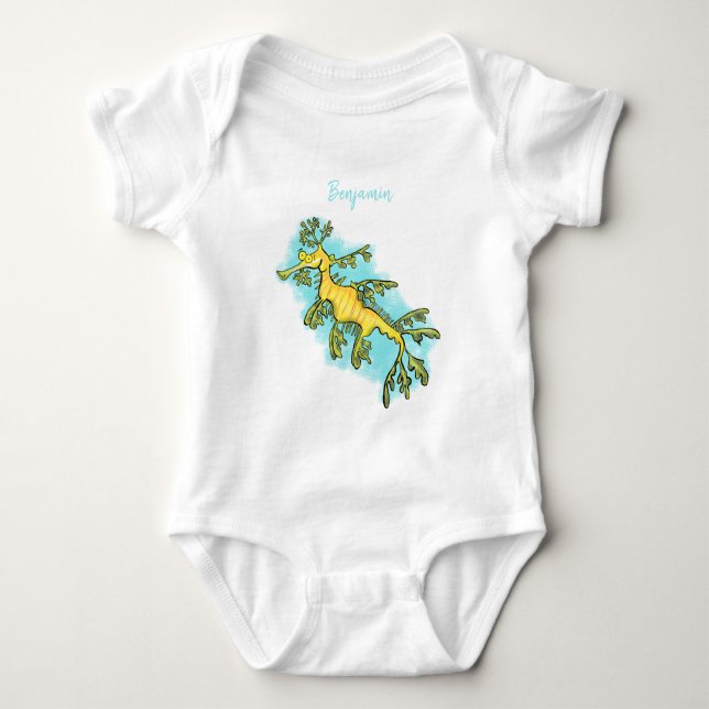 Cute funny leafy sea dragon cartoon illustration baby bodysuit (Front)