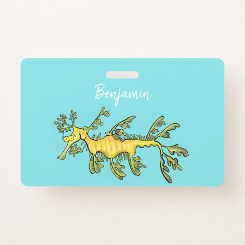 Cute funny leafy sea dragon cartoon illustration badge