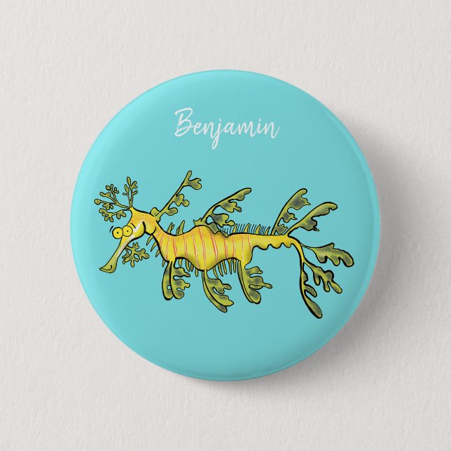 Cute funny leafy sea dragon cartoon illustration button (Front)