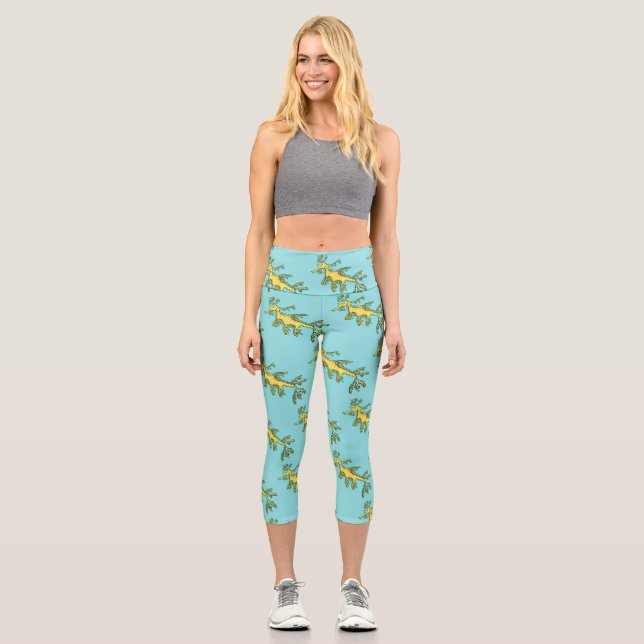 Cute funny leafy sea dragon cartoon illustration capri leggings (Front)