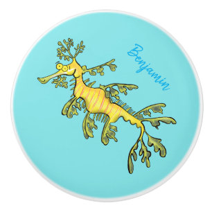 Cute funny leafy sea dragon cartoon illustration ceramic knob