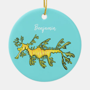 Cute funny leafy sea dragon cartoon illustration ceramic ornament