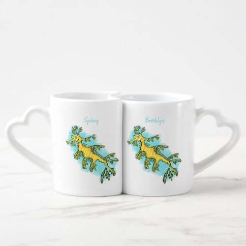 Cute funny leafy sea dragon cartoon illustration coffee mug set