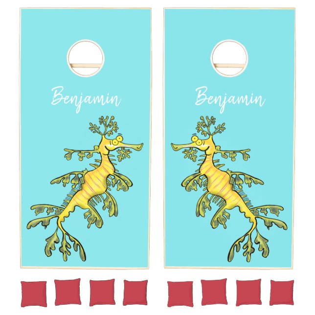 Cute funny leafy sea dragon cartoon illustration cornhole set (Set)