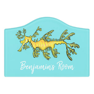 Cute funny leafy sea dragon cartoon illustration door sign