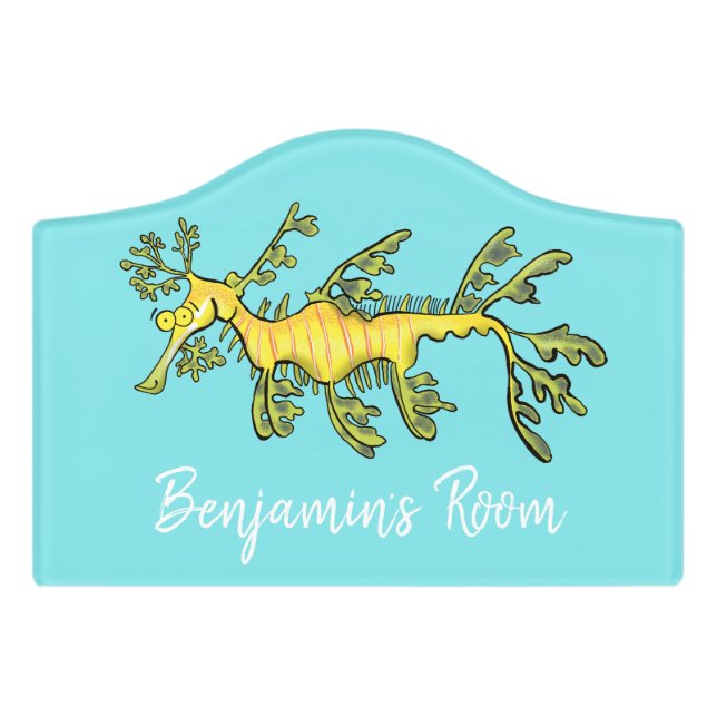 Cute funny leafy sea dragon cartoon illustration door sign (Small Crest Front)