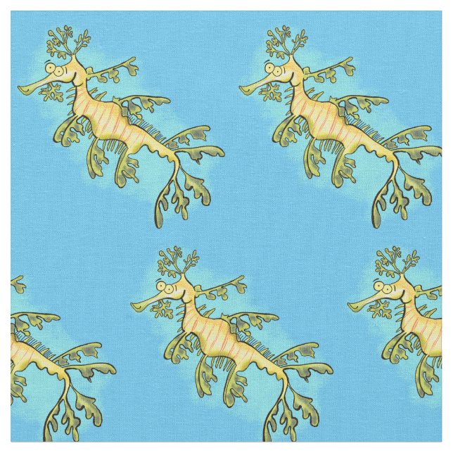 Cute funny leafy sea dragon cartoon illustration fabric (Close Up)