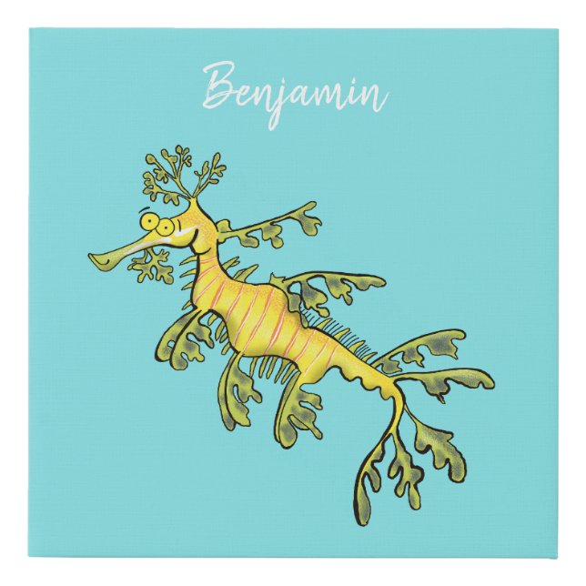 Cute funny leafy sea dragon cartoon illustration faux canvas print (Front)