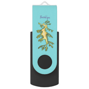 Cute funny leafy sea dragon cartoon illustration flash drive