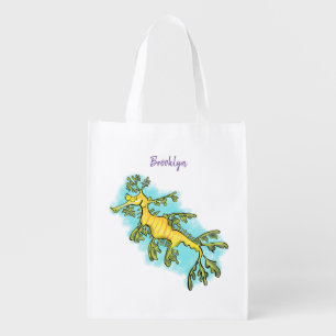 Cute funny leafy sea dragon cartoon illustration grocery bag