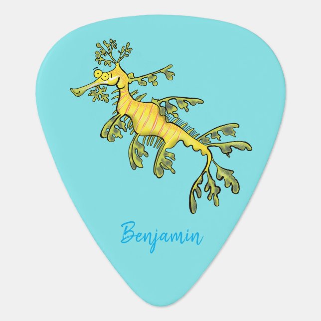 Cute funny leafy sea dragon cartoon illustration  guitar pick (Front)