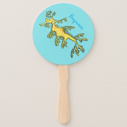 Cute funny leafy sea dragon cartoon illustration hand fan