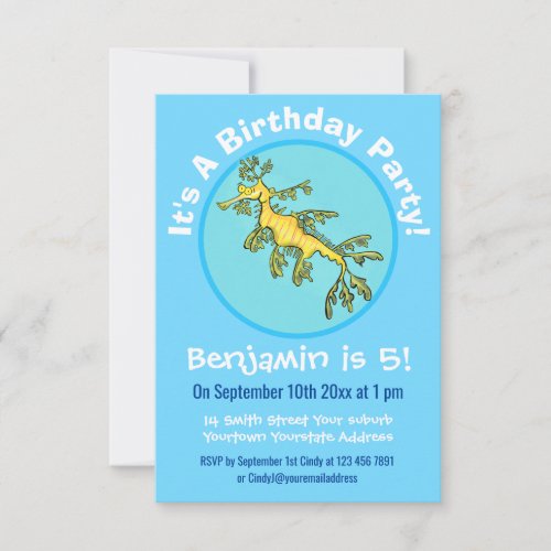 Cute funny leafy sea dragon cartoon illustration invitation