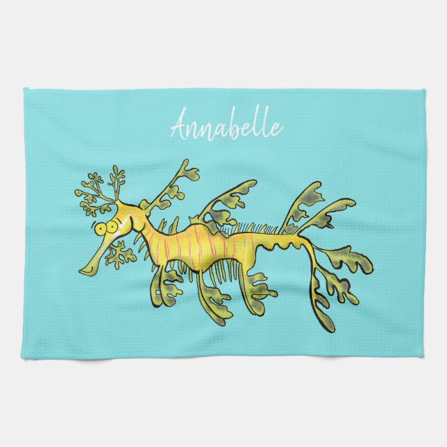Cute funny leafy sea dragon cartoon illustration kitchen towel (Horizontal)