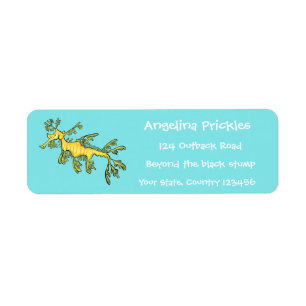 Cute funny leafy sea dragon cartoon illustration label