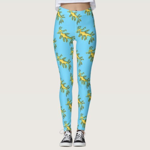 Cute funny leafy sea dragon cartoon illustration leggings