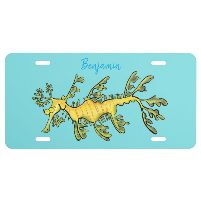 Cute funny leafy sea dragon cartoon illustration  license plate (Front)