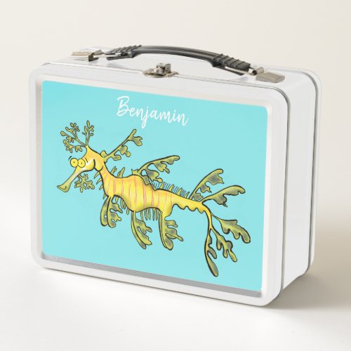 Cute funny leafy sea dragon cartoon illustration metal lunch box