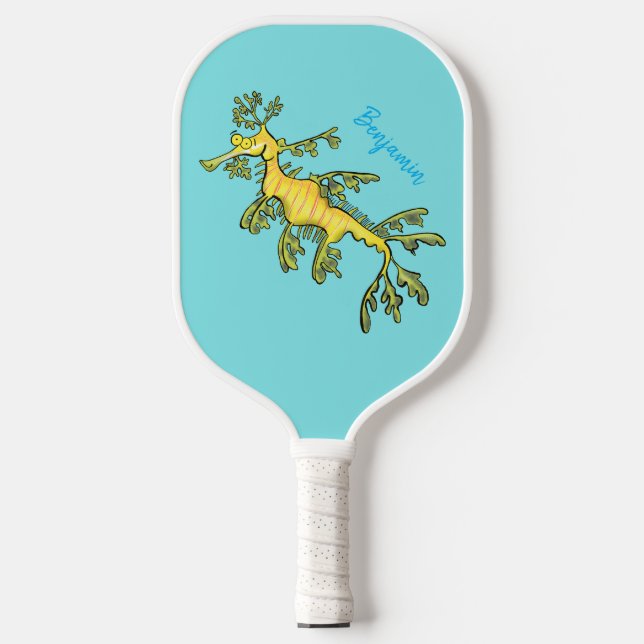 Cute funny leafy sea dragon cartoon illustration pickleball paddle (Front)