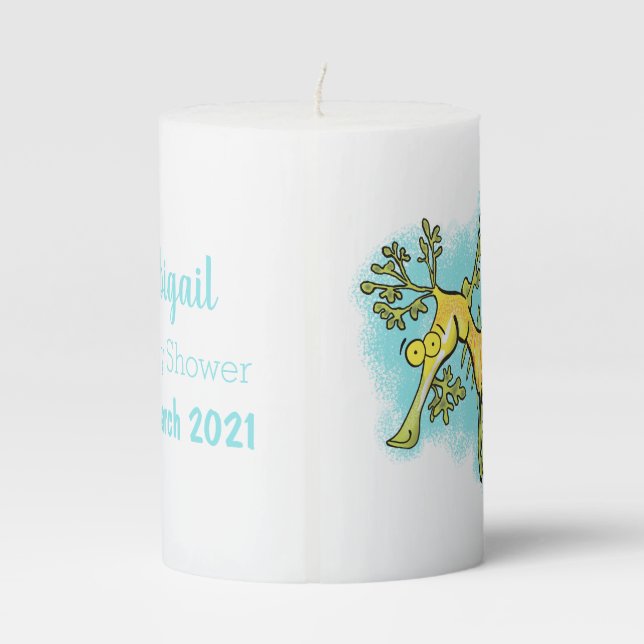 Cute funny leafy sea dragon cartoon illustration pillar candle (Back)