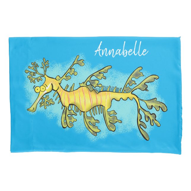 Cute funny leafy sea dragon cartoon illustration pillow case (Front)