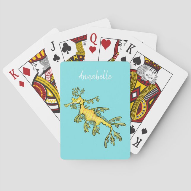 Cute funny leafy sea dragon cartoon illustration poker cards (Back)