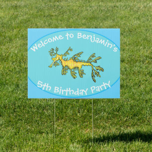 Cute funny leafy sea dragon cartoon illustration sign
