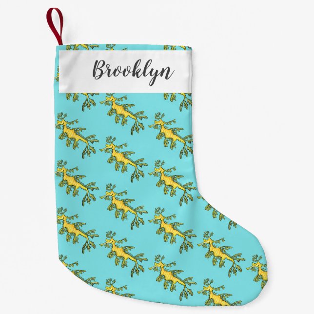 Cute funny leafy sea dragon cartoon illustration small christmas stocking (Front)