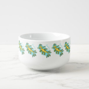 Cute funny leafy sea dragon cartoon illustration soup mug