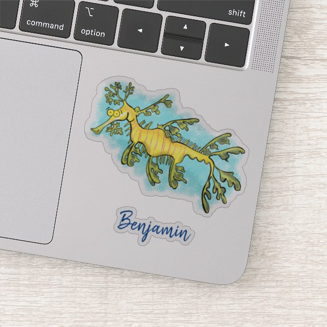 Cute funny leafy sea dragon cartoon illustration sticker (Detail)