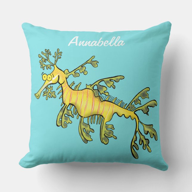 Cute funny leafy sea dragon cartoon illustration throw pillow (Front)