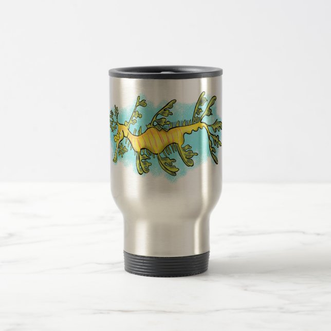 Cute funny leafy sea dragon cartoon illustration travel mug (Center)