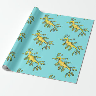Cute funny leafy sea dragon cartoon illustration wrapping paper