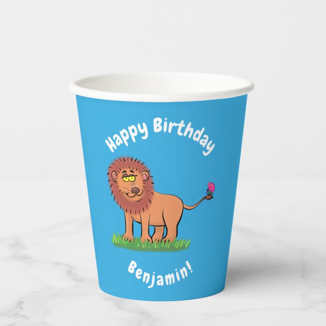 Cute funny lion with butterfly cartoon paper cups (Front)