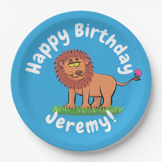 Cute funny lion with butterfly cartoon paper plates (Front)