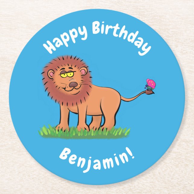 Cute funny lion with butterfly cartoon round paper coaster (Front)