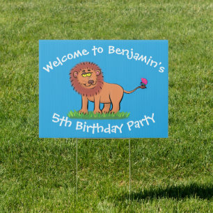 Cute funny lion with butterfly cartoon sign
