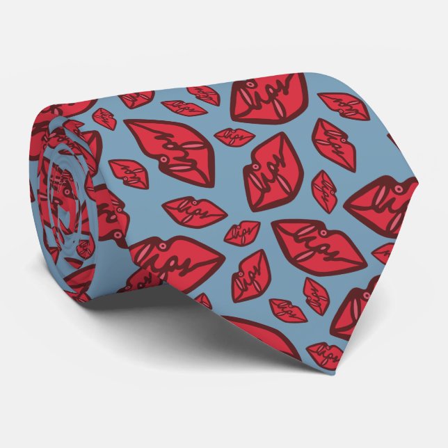 Cute Funny Lips Pattern Blue Neck Tie (Rolled)