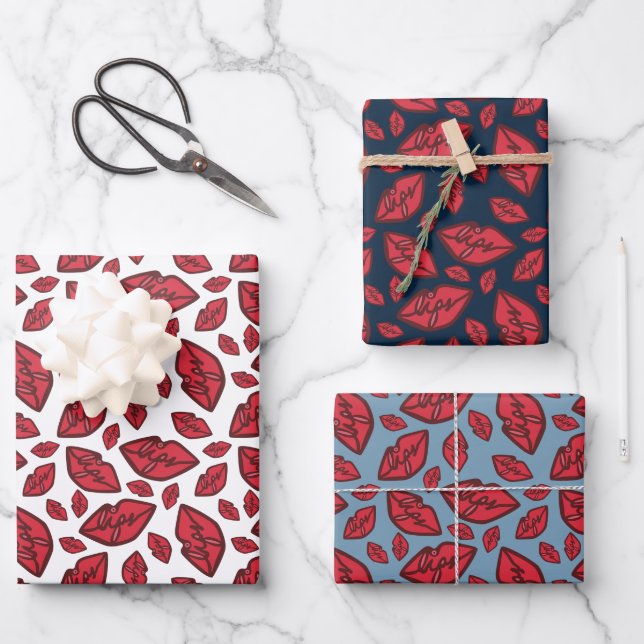 Cute Funny Lips Pattern Mix Wrapping Paper Sheets (Front)